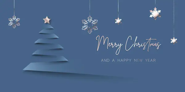Kağıt kesiği elementli mutlu noel kartı afişi çerçevesi. Sunum, afiş, kapak, web, broşür, kart, satış, poster, slayt ve sosyal medya için mavi arkaplan üzerine 3B illüstrasyon.