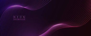 Parlayan neon dalgaları olan koyu soyut bir arka plan. Parlak hareketli çizgiler tasarım elemanı. Modern mor, kırmızı, dalgalı dalga çizgileri. Gelecekçi teknoloji konsepti.