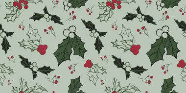 Elle çizilmiş noel yaprakları ve dallarıyla kusursuz bir desen. Xmas veya yeni yıl duvar kağıdı, ambalaj kağıdı, web siteleri, arkaplan, sosyal medya, blog, sunum ve tebrik kartları için mükemmel.