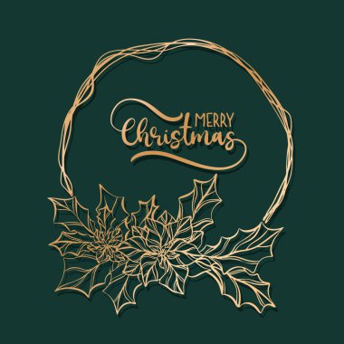 Yapraklar, böğürtlenler, noktalar ve dal dallarıyla kışın altın Noel çelengi. Vektör çizimi. Tatil davetiyesi için modern tasarım, poster, afiş, tebrik kartı, kartpostal, paketleme, yazdırma.