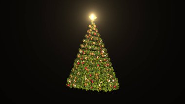 Siyah arkaplanda süsleri olan Noel ağacı