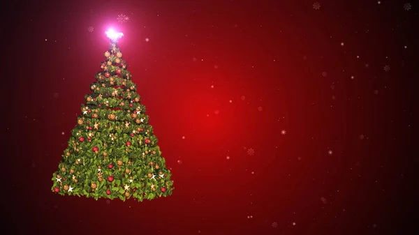 Árvore Natal Com Ornamentos Fundo Vermelho Copyspace — Fotografia de Stock