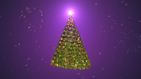 紫の背景に装飾が施されたクリスマスツリー — ストック写真