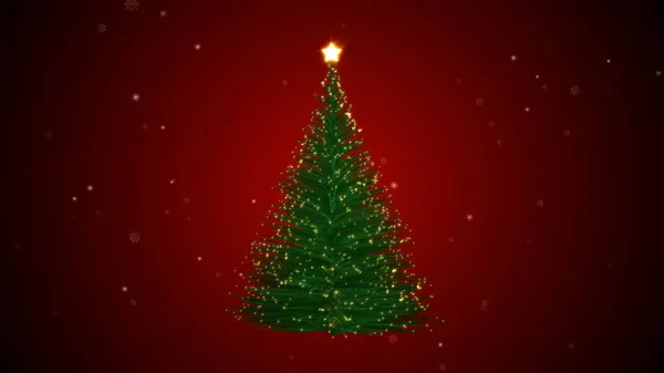 Abstraktní Zelené Částice Vánoční Strom Červeném Pozadí — Stock fotografie