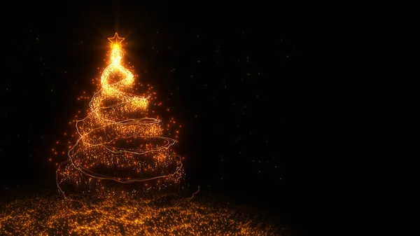 Koyu arkaplanda bulunan ve fotokopi alanı olan sarmal altın parçacıklardan yapılmış Noel ağacı