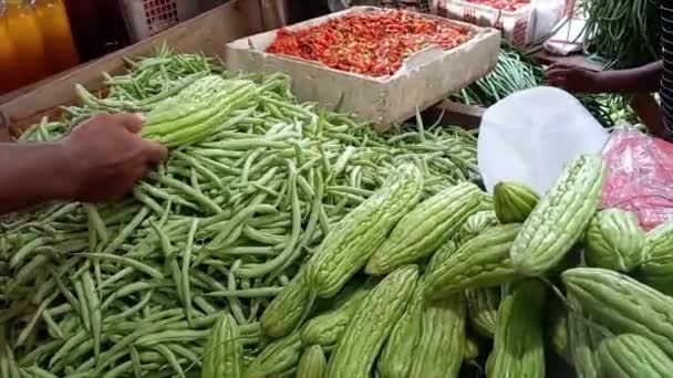 Atividade Dos Residentes Escolhendo Legumes Mercado Cidade Muntok Durante Dia — Vídeo de Stock