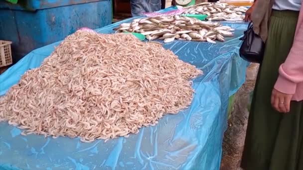 Compradores Estão Selecionando Matérias Primas Camarão Mercado Tradicional Cidade Muntok — Vídeo de Stock
