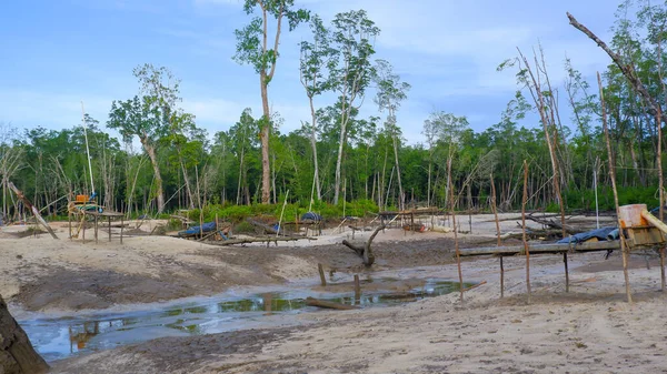 Gündüz vakti Belo Laut Köyü 'nde, Mangrove Ormanı' ndaki yasadışı Tin Ore madenciliği nedeniyle Doğal Çevre Hasarı