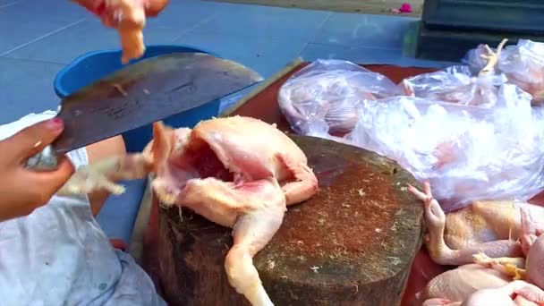 新鮮な生鶏の肉を切り取る作物の女性の手 自宅で木製のテーブルの上に大きなキッチンナイフで — ストック動画