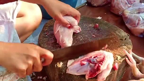 アジアの女の手を閉じて生チキン肉を切る — ストック動画