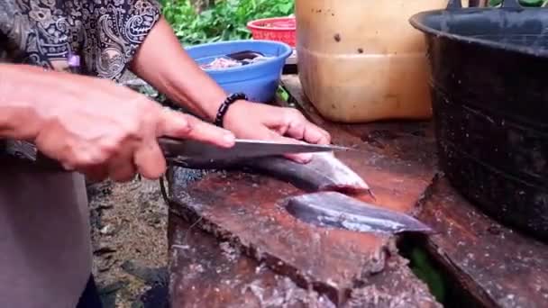 Руки Азиатки Режут Сырую Рыбу Деревянном Столе — стоковое видео