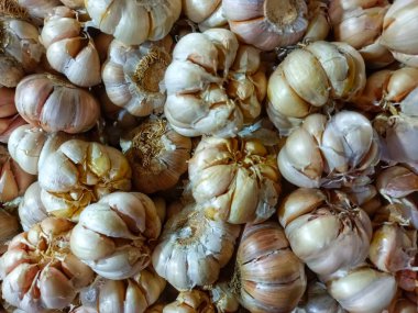 Masanın üzerine bir yığın sarımsak konmuş.