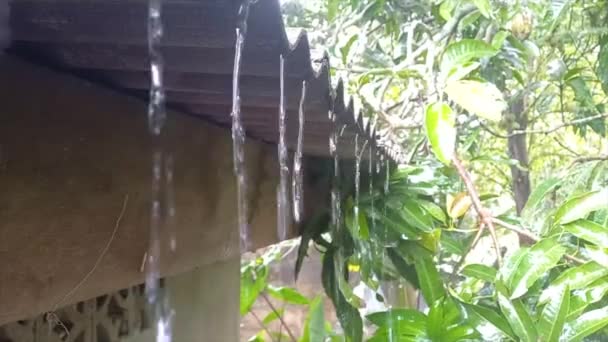 Krople Deszczu Płynące Dachu Domu Gdy Pada Ciągu Dnia — Wideo stockowe