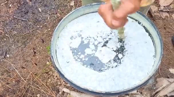 Farmer Stirring Liquid Fertilizer Mixture Garden Day — Stock Video