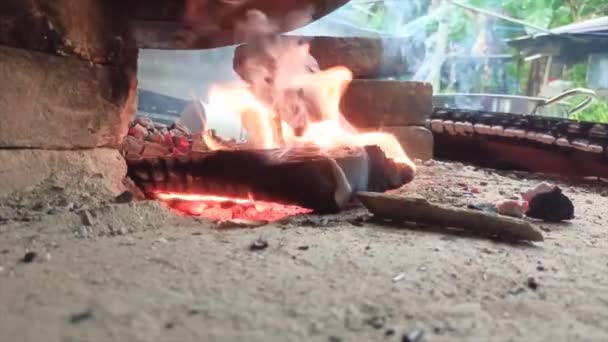 日中のキッチン表面のストーブで燃える木からの火 — ストック動画