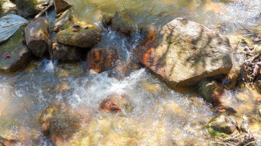 Nehir yatağındaki kayalardan akan taze su akıntısının yakın görüntüsü.