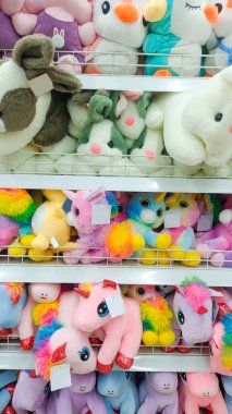 Çok güzel renkleri olan ve rafta düzgünce dizilmiş çeşitli oyuncak bebekler.