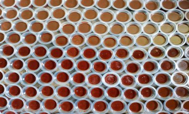 Çikolatalı puding, tatlı abur cubur servis edilir ve arka plan için düzenlenir.