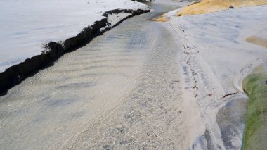 Kumsalda akan sakin bir nehrin tepeden tırnağa manzarası. Nehir yatağı ince dalgalarla kaplı ve su kristal gibi berrak görünüyor..