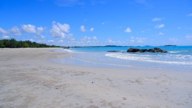 El değmemiş beyaz kumlu sahil turkuaz denize doğru uzanıyor, yeşil ağaçlardan oluşan bir zemin ve parlak mavi gökyüzü ile