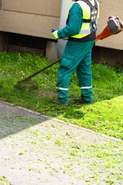 Yüksek görüşlü yelek ve koruyucu giysili bir işçi, düzgün bir şehir manzarasını korumak için kaldırım kenarındaki çimleri biçmek için tel budayıcı kullanır.