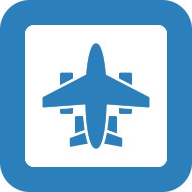 İlkel setten bir uçak ikonu. Bu izole düz sembol beyaz zemin üzerinde mavi renk ile çizilir, açılar beyaz üzerine yuvarlanır.