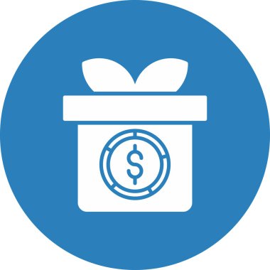 Hediye paketi ikonu. vektör biçimi resimleme bicolor düz simge, yuvarlak açılar, mavi arkaplan, beyaz arkaplan.