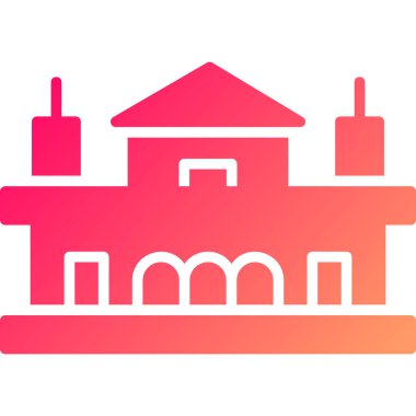 Beyaz çizgi müze binası simgesi beyaz arka planda izole edildi. Kırmızı daire düğmesi. vektör illüstrasyonu