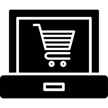 Alışveriş simgesi ve el arabası olan dizüstü bilgisayar, basit vektör illüstrasyonu