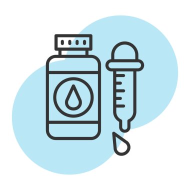 İlaç ve hap satırlı şişe ve doldurma stili ikon tasarımı, tıbbi bakım ve acil yardım teması illüstrasyonu