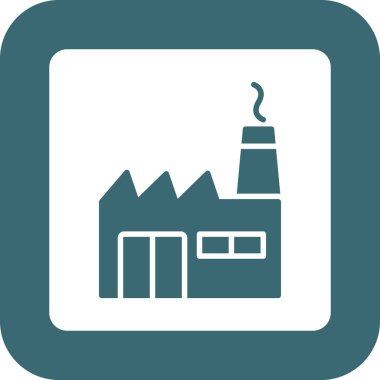 Fabrika binası ikonu. vektör biçimi çift renkli düz ikonik sembol, mavi yuvarlak gri renkler, beyaz arkaplan, gri arkaplan.