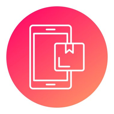 Akıllı saat simgesine sahip uzun gölgeli beyaz cep telefonu. Dünyanın en hareketli şeyleri. Pembe daire düğmesi. vektör illüstrasyonu