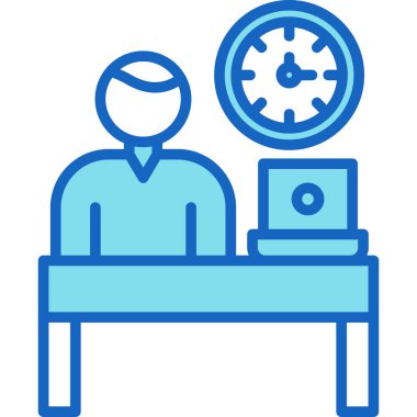 Masa ikonunda çalışan bir adam. İnsan vektörü düz renk izole edilmiş halde masasında çalışan ana hatlı adam.