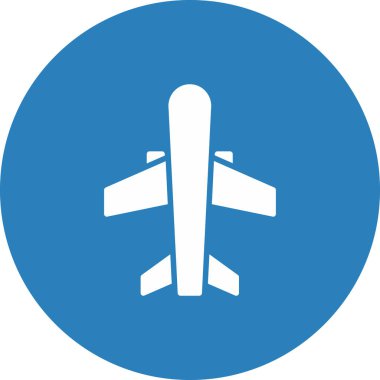 Uçak simgesi. Vektör düz biçimi yuvarlak sembol, yuvarlak açılar, mavi arkaplan, beyaz arkaplan.