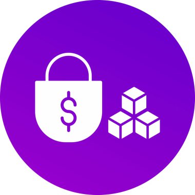 Beyaz arka planda dolar simgesi olan beyaz çanta. Çantalı çanta. Nakit tasarruf sembolü. Alışveriş çantası. mor daire düğmesi. vektör illüstrasyonu