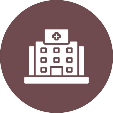 Hastane binası vektör ikonu. biçim düz yuvarlak simge, beyaz renk, yuvarlak açılar, beyaz arkaplan.