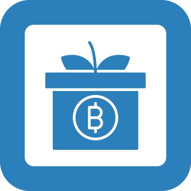 Bitcoin hediye ikonu. vektör biçimi düz ve yumuşak ikonik sembol, yuvarlak açılar, kobalt ve beyaz renkler.