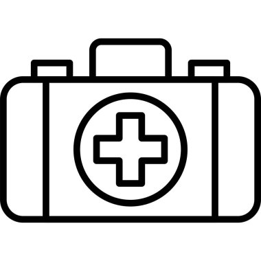 İlk yardım çantası simgesi. Tıbbi malzeme vektör simgesini özetle. Beyaz arkaplanda ince çizgi sembolü izole edildi