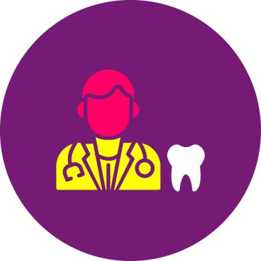 Mor arka planda izole edilmiş modaya uygun düz tarzda dişçi simgesi. Web tasarımınız için diş simgesi. logo illüstrasyonu ve daire.