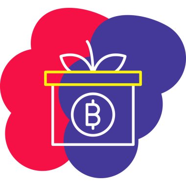 Beyaz arkaplanda bitcoin simgesi olan renk hediye kutusu. Engelleme teknolojisi, dijital madencilik, para, para piyasası. Gradyan stil dinamik şekilleri. vektör