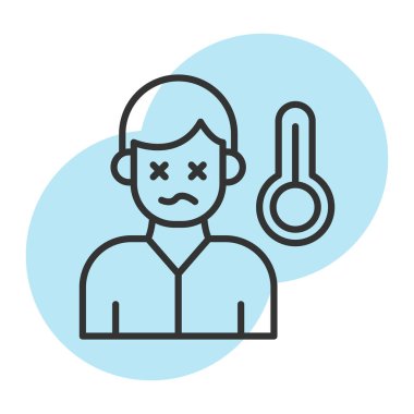 Termometresi ve tıbbi maske çizgisi ikon tasarımı olan üzgün adam, Coronavirus hastalığı covid 19 virüsü ve koronavirüs teması