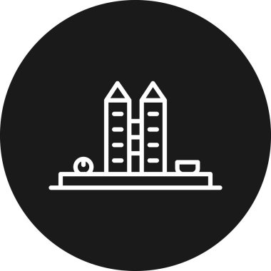 Şehir ufuk çizgisine sahip binanın vektör simgesi