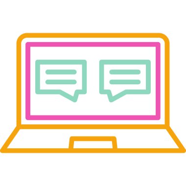 Konuşma baloncukları olan bir laptop. Basit tasarım vektörü simgesi