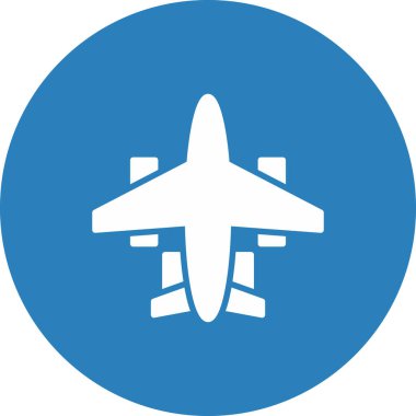 Uçak vektör simgesi. bu yuvarlak düz sembol mavi arkaplanda mavi ve beyaz renklerle çizilir