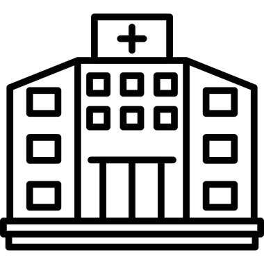 Hastane binası ikonu. Beyaz arkaplanda izole edilmiş web tasarımı için hastane vektör simgesi taslağı
