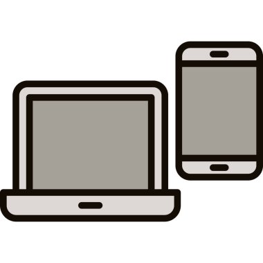 Akıllı telefonlu bir laptop ve iki renkli ekran simgesi. Basit taslak vektör çizimi.