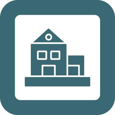 Hastane vektör simgesi. Stil düz yuvarlak kare düğme, mavi ve gri renkler, beyaz arka plan.