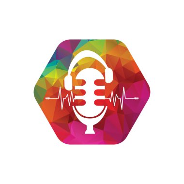 Podcast vektör logosu tasarımı. Mikrofon ve ses dalgası simgesi.