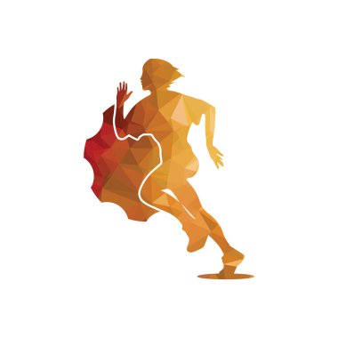 Koşan kadın bakış açısı. Vektör çizimi. dişli dişli altın renk desenli ikon ile.