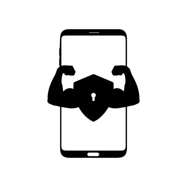 Дизайн Логотипа Смартфона Мобильная Векторная Иллюстрация Бицепсами Сильным Значком Безопасности — стоковый вектор